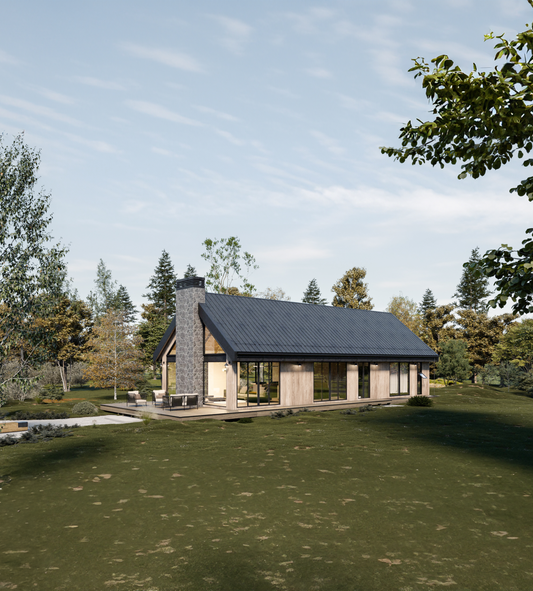 A modern one-story cabin design with black gable roof, sunrrounded by trees and clear area, and an exterior firepit with outdoor furniture