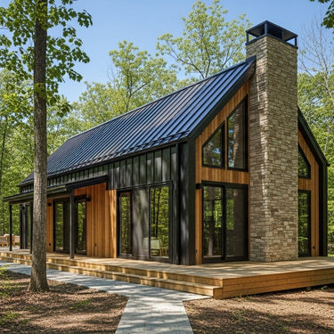 Falcon's Perch is a modern house with a brick and wood exterior in a forest setting. Three-bed and three-bath layout. 
