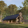 Wooden home design with a black gable roof in a wood environment. one floor playout plan