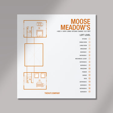 Floor plan of a loft level with room labels and 'Moose Meadows' branding on a gray background.