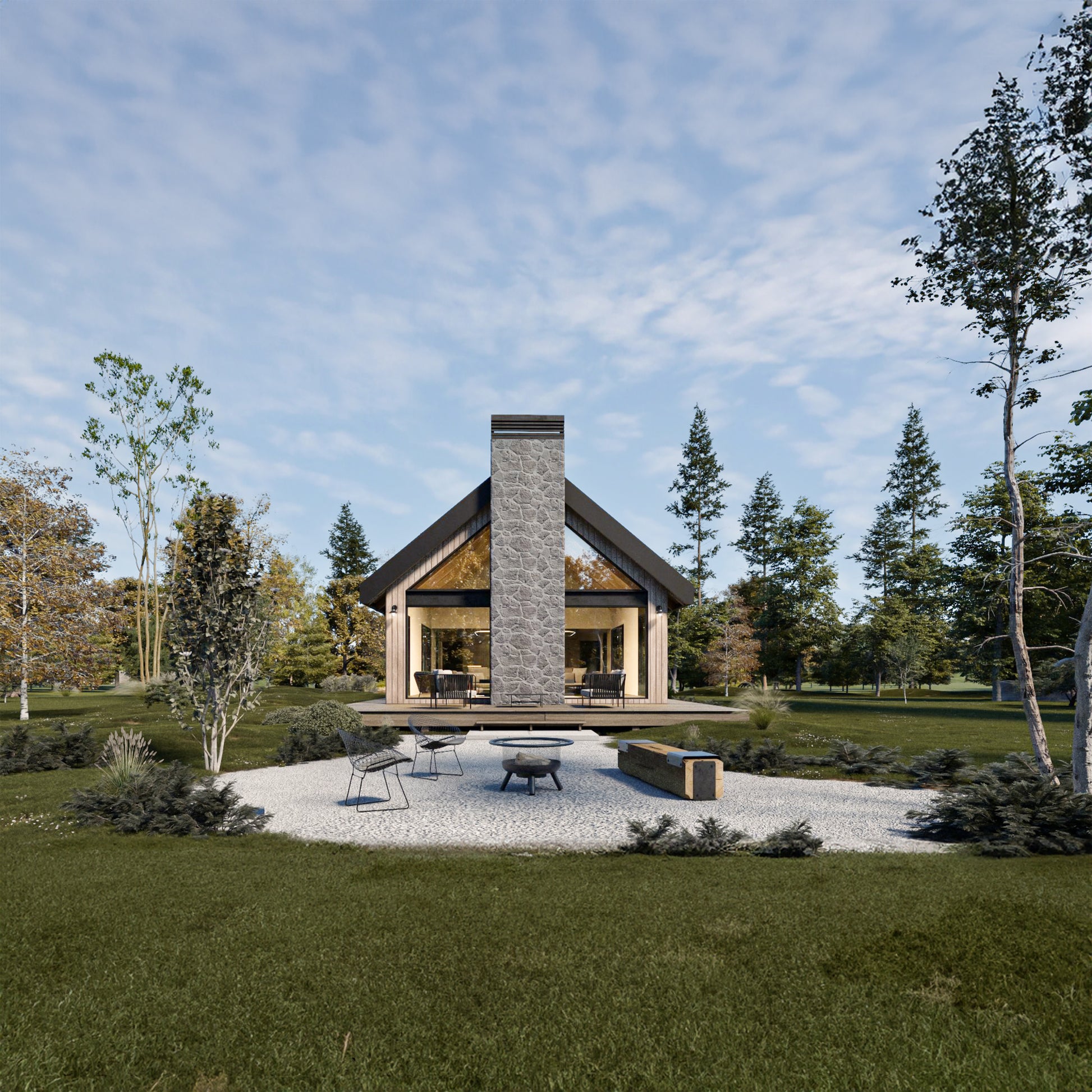 A modern one-story cabin design with black gable roof, sunrrounded by trees and clear area, and an exterior firepit with outdoor furniture