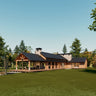 A modern rustic home with a black metal roof, exposed wooden beams, and large glass windows, surrounded by lush greenery. The house features an expansive covered outdoor patio with a dining area, seamlessly blending indoor and outdoor living.