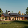 A modern cabin design with black gable roof, sunrrounded by trees and clear area, and an exterior firepit with outdoor furniture. 