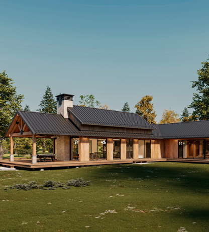 A modern cabin design with black gable roof, sunrrounded by trees and clear area, and an exterior firepit with outdoor furniture. 