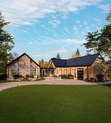 Modern house with stone and wood exterior, surrounded by greenery under a blue sky.