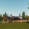 A modern rustic home with a black metal roof, exposed wooden beams, and large glass windows, surrounded by lush greenery. The house features an expansive covered outdoor patio with a dining area, seamlessly blending indoor and outdoor living.