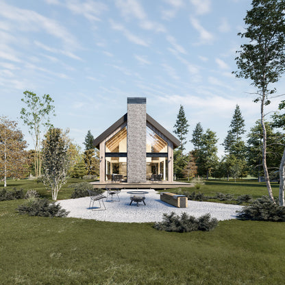 A modern cabin design with black gable roof, sunrrounded by trees and clear area, and an exterior firepit with outdoor furniture. Cabin with loft level