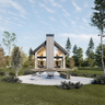 A modern cabin design with black gable roof, sunrrounded by trees and clear area, and an exterior firepit with outdoor furniture. Cabin with loft level
