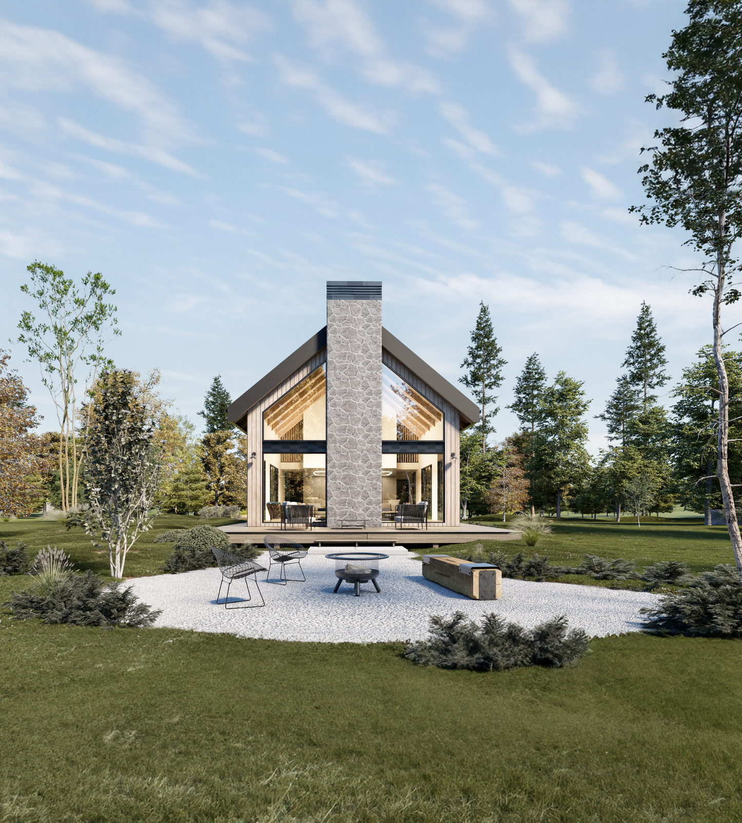 A modern cabin design with black gable roof, sunrrounded by trees and clear area, and an exterior firepit with outdoor furniture. Cabin with loft level
