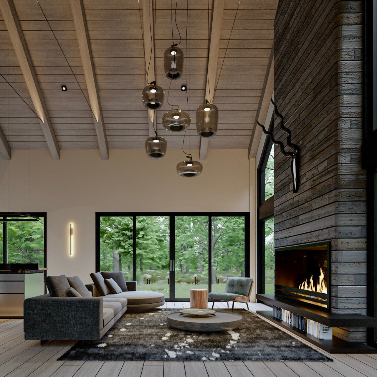 living design rendering with vaulted ceiling, pendant lamp, stone wall with chimney in a barndominium