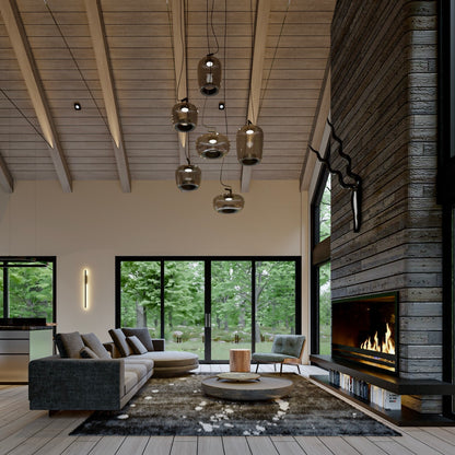 living design rendering with vaulted ceiling, pendant lamp, stone wall with chimney in a barndominium