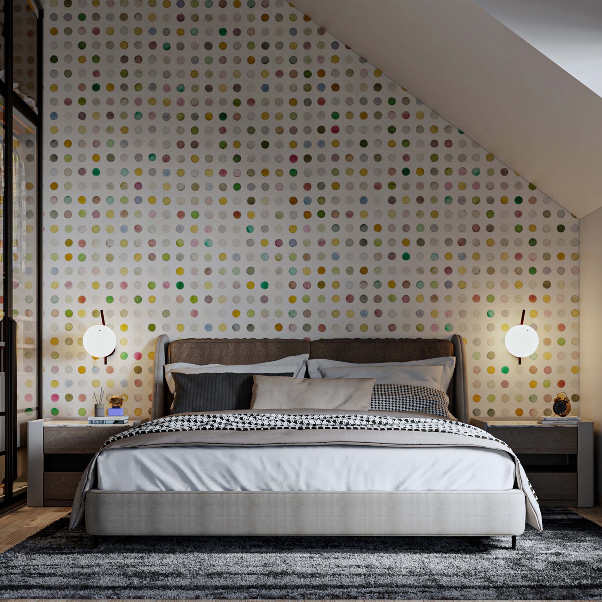 bedroom rendering with wall lamps, night tables and wallpaper