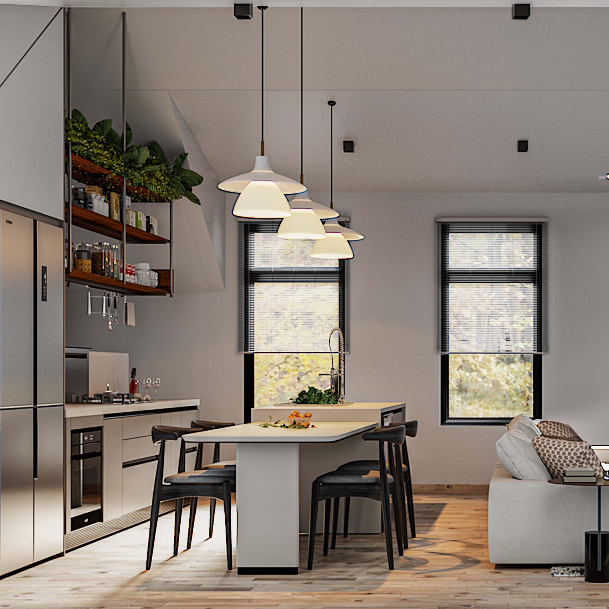 kitchen rendering with island, chairs, pendant lamps