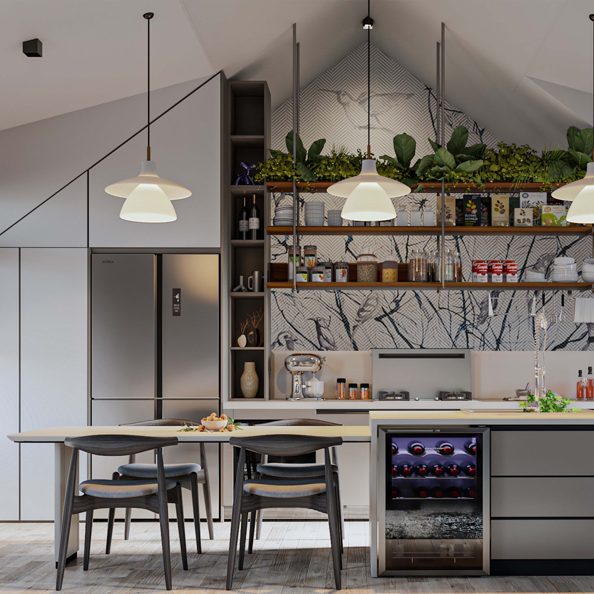 open kitchen rendering with pendant lamps, chairs and island