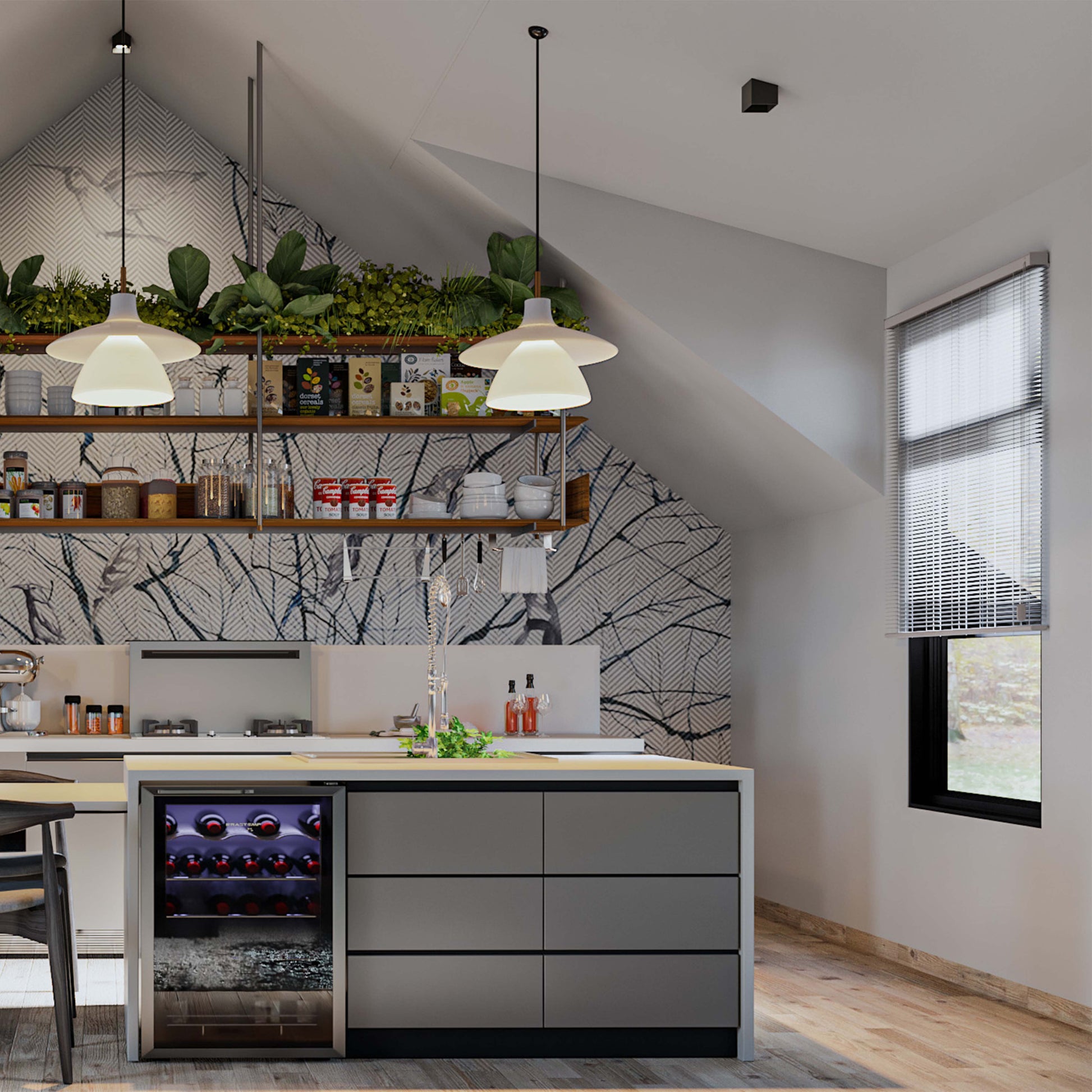 open kitchen rendering with pendant lamps, chairs and island