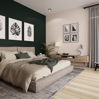 Modern rustic bedroom with exposed wood beam ceiling, large windows with sheer curtains, natural wood bed frame and nightstands, green throw blanket, abstract wall art, indoor plant, and cozy neutral bedding.