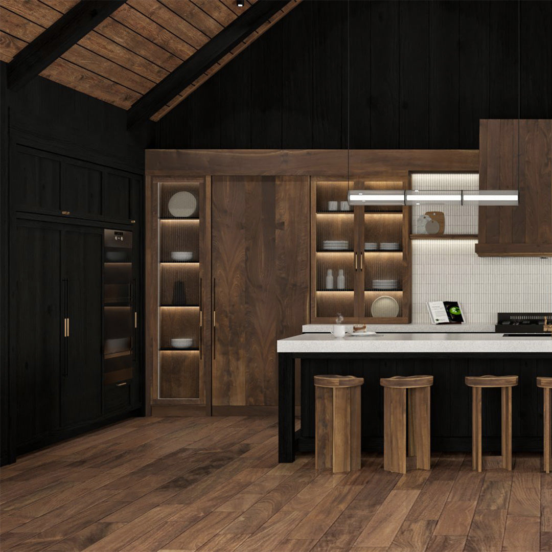 3d interior rendering from open kitchen of barndominium  in black and warm tones