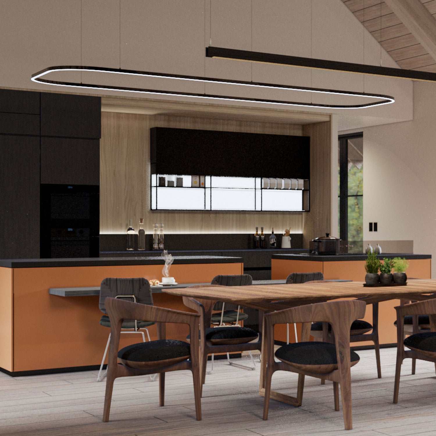 kitchen design with vaulted ceiling, pendant lamp, diining table and chairs