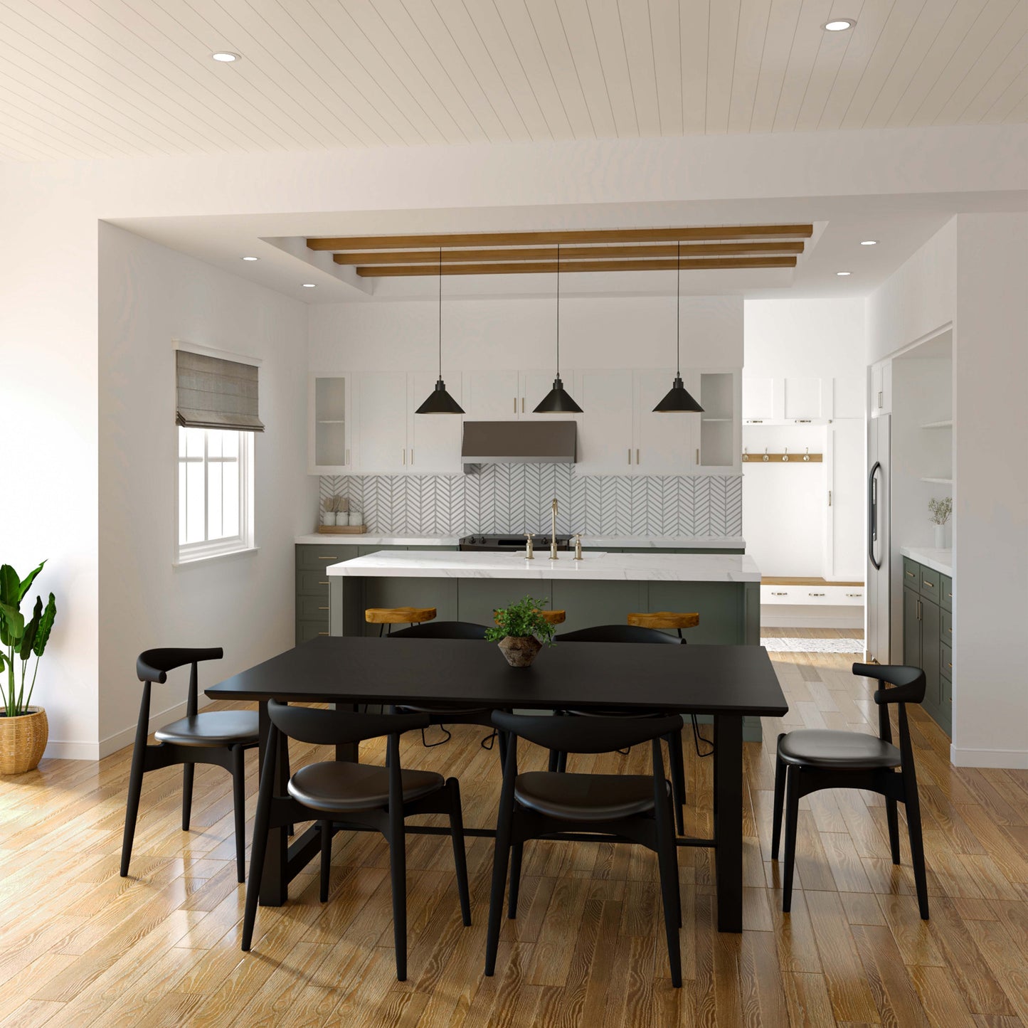 kitchen interior design with pendant lamp, white island and dining table with chairs