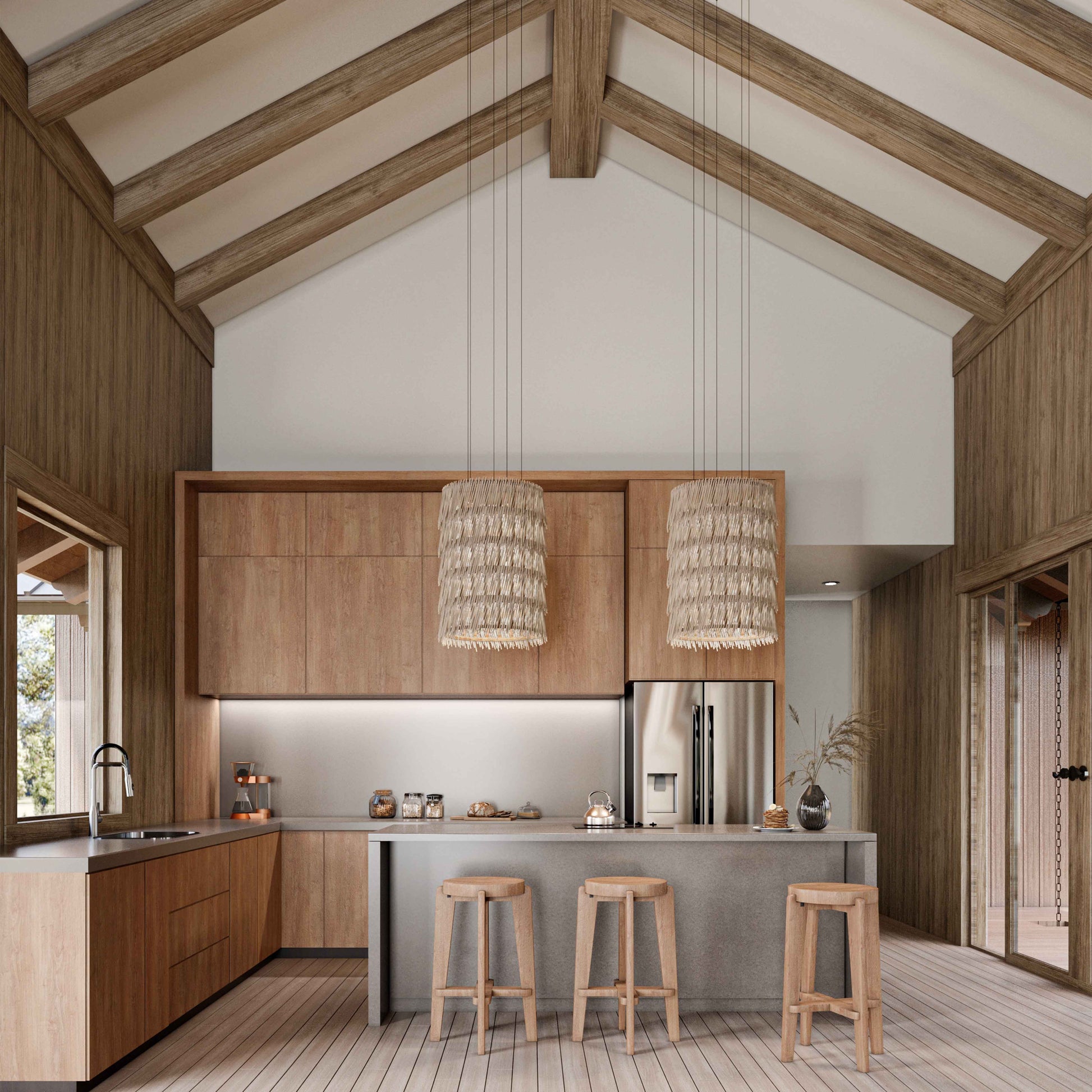 kitchen design with vaulted ceiling, pendant lamp, island with barstools