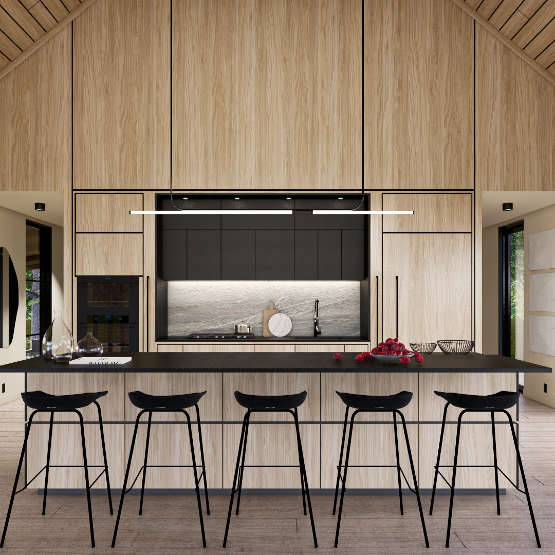 ebony seating, marble island in the kitchen, cabinets in muted grey tones, pendant lighting over dining space, cabin features wooden floors, pristine white walls, dining area under an vaulted wooden ceiling, surrounded by expansive windows.