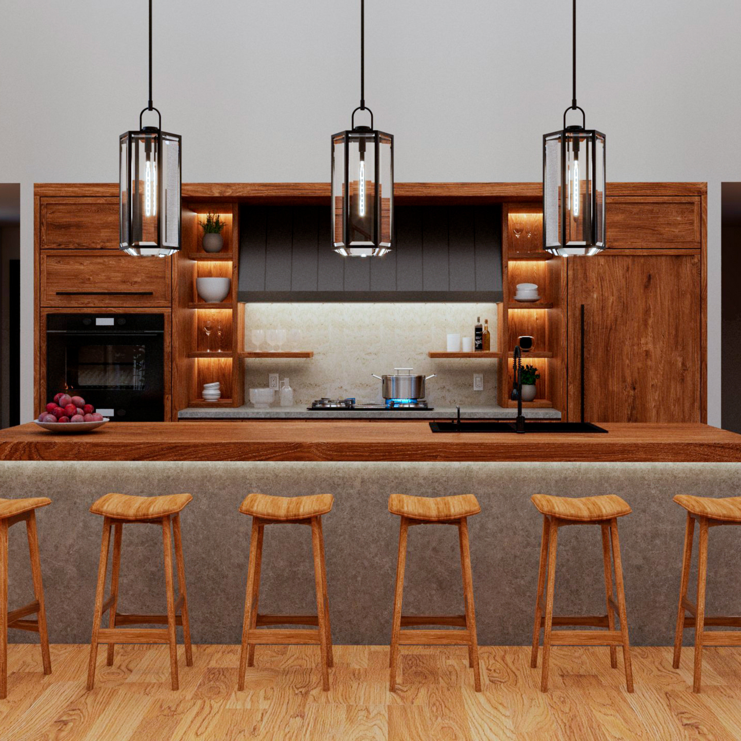 Elegant kitchen design featuring warm wood cabinetry, open shelving with soft lighting, a modern stone countertop, and a spacious island with barstools, accented by industrial-style pendant lights