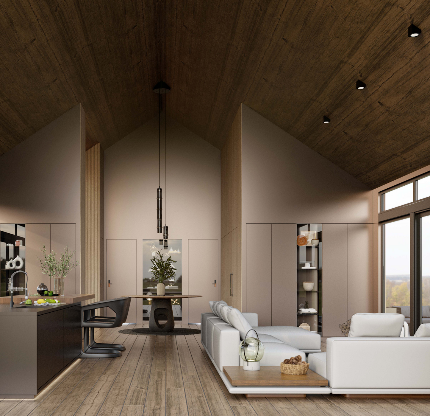 living design rendering with vaulted ceiling, pendant lamp, stone wall with chimney in a barndominium