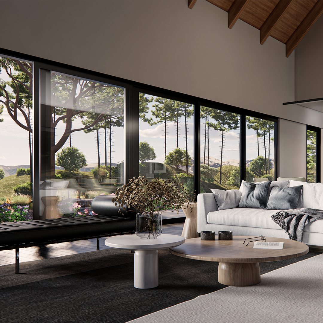 A cozy lounge with panoramic windows and a fireplace, inspired by Australian landscapes. Vibrant outdoor scenes, Clifford Coffin&#39;s touch, natural elements, bold eco-friendly hues, stone hearth, woodland vista, reclaimed timber.