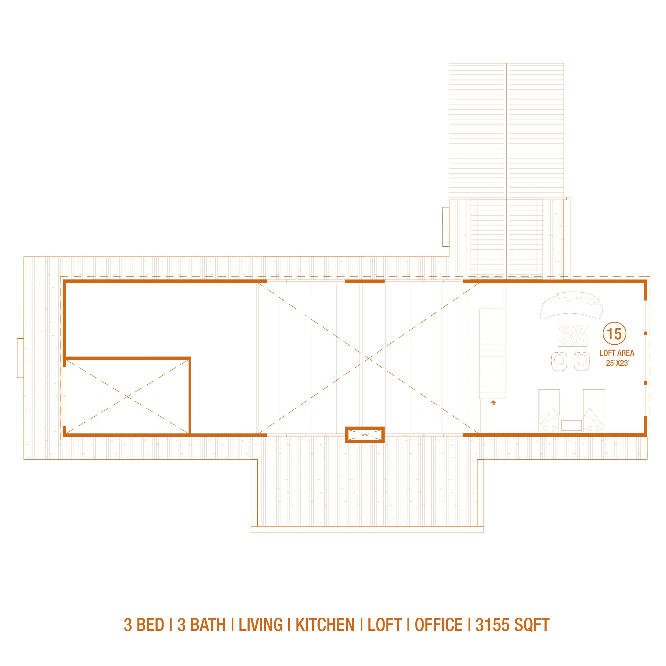 Floor plan layout of the loft level from architectural cabin design 
