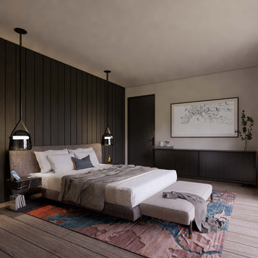 master bedroom rendering with pendant lamps, wood panel on the wall, bed, rug, night table and tv in a barndominium
