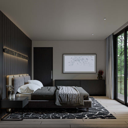 master bedroom rendering with lamp wall, bed, rug, night table and tv in a barndominium