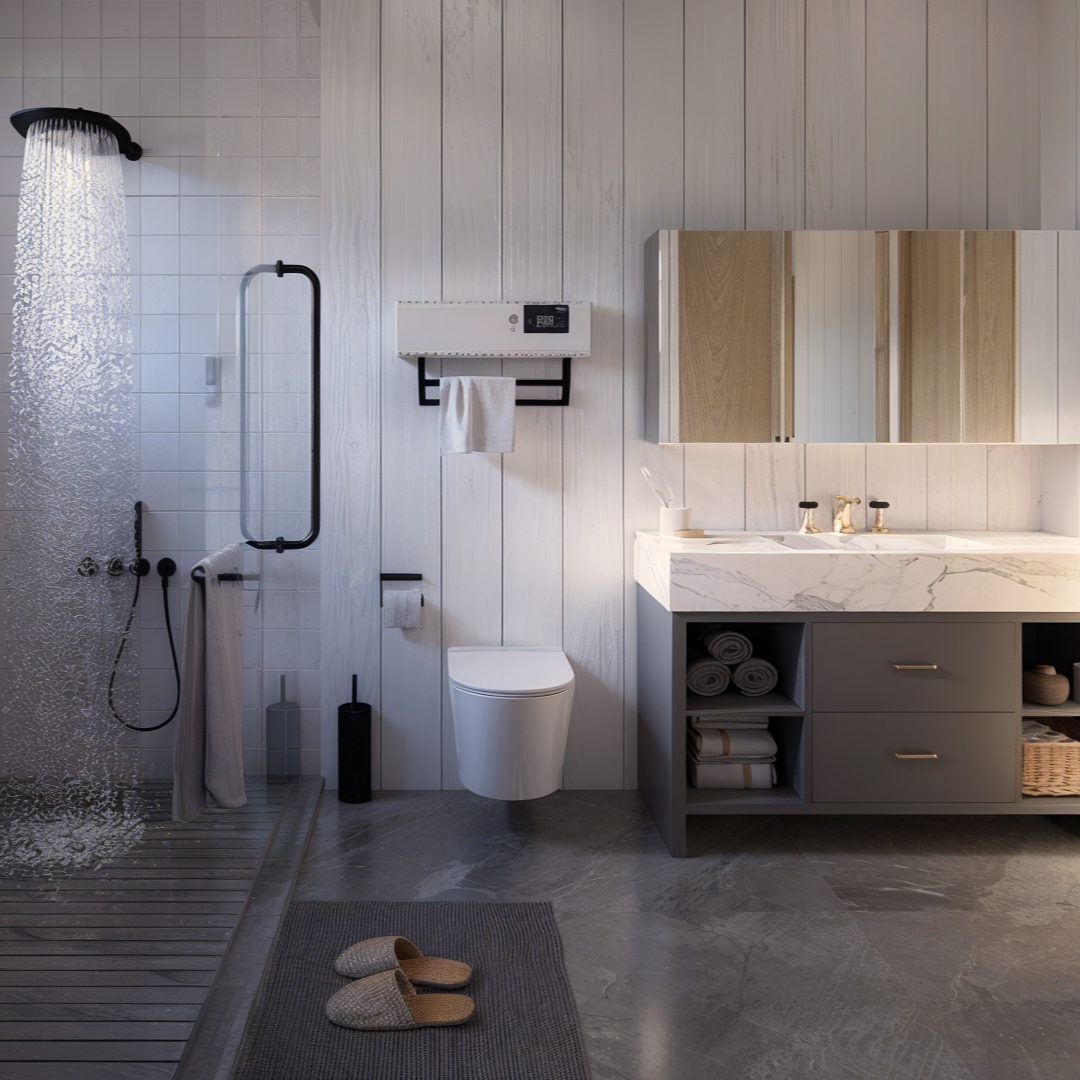 A minimalist bathroom from Moose Meadow’s cabin floor plan, featuring a grey-toned interior design. The full bath includes a spacious sink with a marble countertop, a shower, and a WC. The design combines wood-paneled walls with stone ceramic tiles, creating a sleek and natural aesthetic.