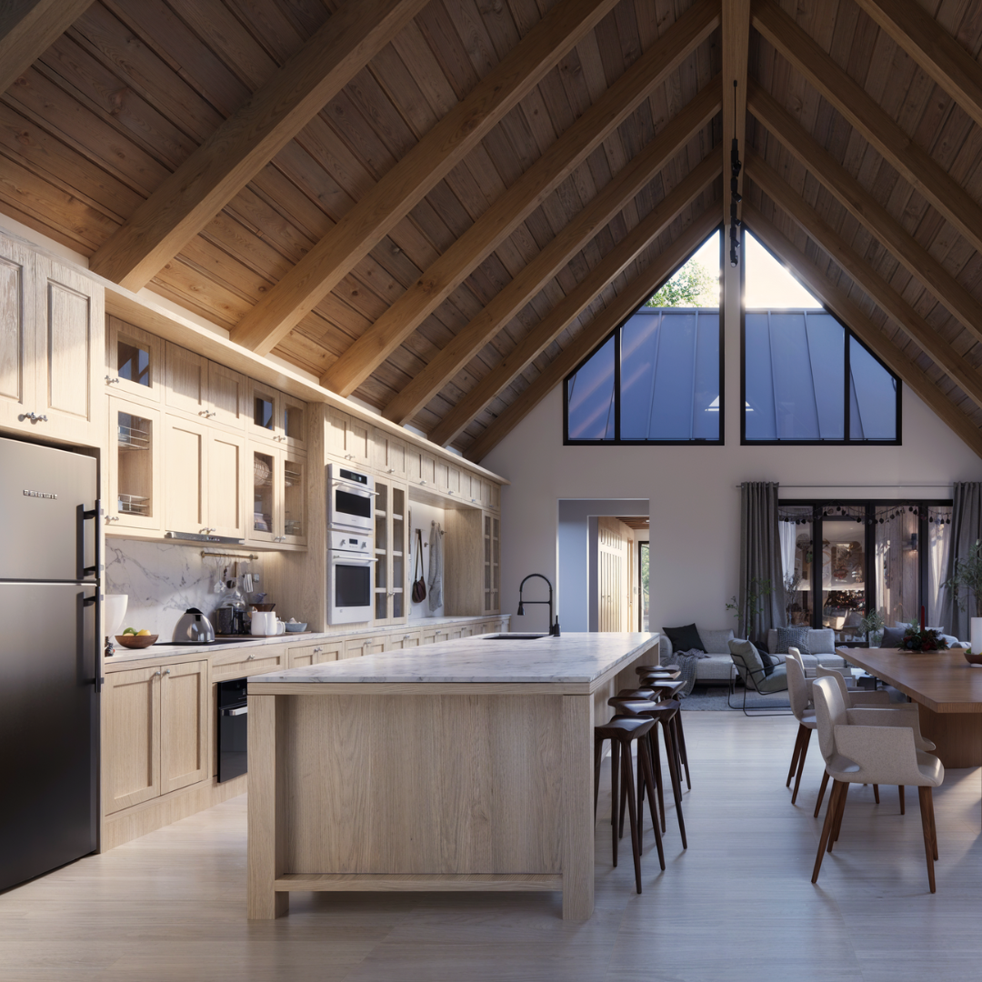 A modern kitchen and dining area with a vaulted ceiling and exposed wooden beams. The kitchen features light wood cabinetry, a marble countertop island with bar stools, and built-in appliances. Large triangular windows bring in natural light, while the open layout connects seamlessly to a cozy living space adorned with curtains and stylish furniture.