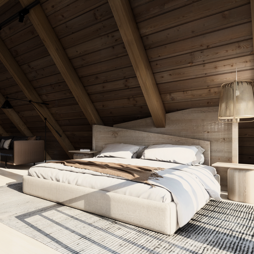 Rustic bedroom with a slanted wooden ceiling and a natural wood-paneled accent wall. Features a minimalist bed with neutral bedding, a textured area rug, and a woven rattan lamp, creating a cozy and serene atmosphere.