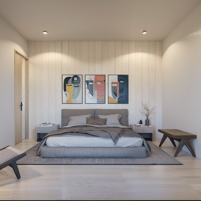 A minimalist interior design of a bedroom in the Moose Meadows cabin. The space features clean lines, natural wood accents, and soft, neutral tones, creating a cozy and serene atmosphere that reflects the cabin's modern-rustic aesthetic