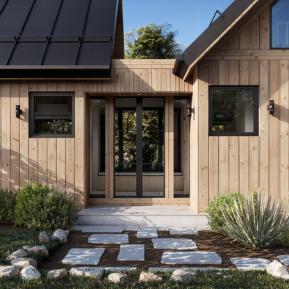 A detailed view of a breezeway in Moose Meadow’s cabin house design, featuring a vaulted ceiling that converges at the center. The space is enhanced by black-toned windows and doors, offering a sleek contrast to the rustic elements and providing a seamless connection to the backyard.