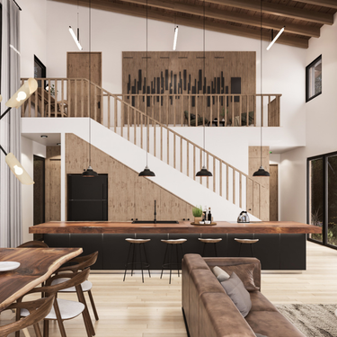 Modern rustic double-height kitchen with a live edge wood island, black bar stools, natural wood dining table, brown leather sofa, and mezzanine loft with wooden railing and slatted accent wall.
