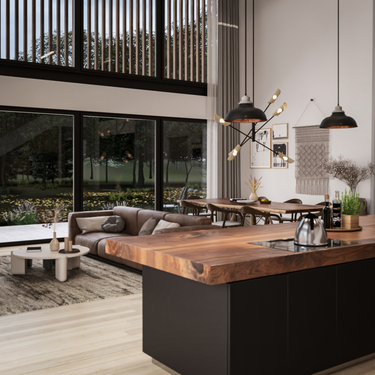 Modern rustic double-height kitchen with a live edge wood island, black bar stools, natural wood dining table, brown leather sofa, and mezzanine loft with wooden railing and slatted accent wall.