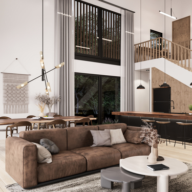 Modern rustic double-height kitchen with a live edge wood island, black bar stools, natural wood dining table, brown leather sofa, and mezzanine loft with wooden railing and slatted accent wall.
