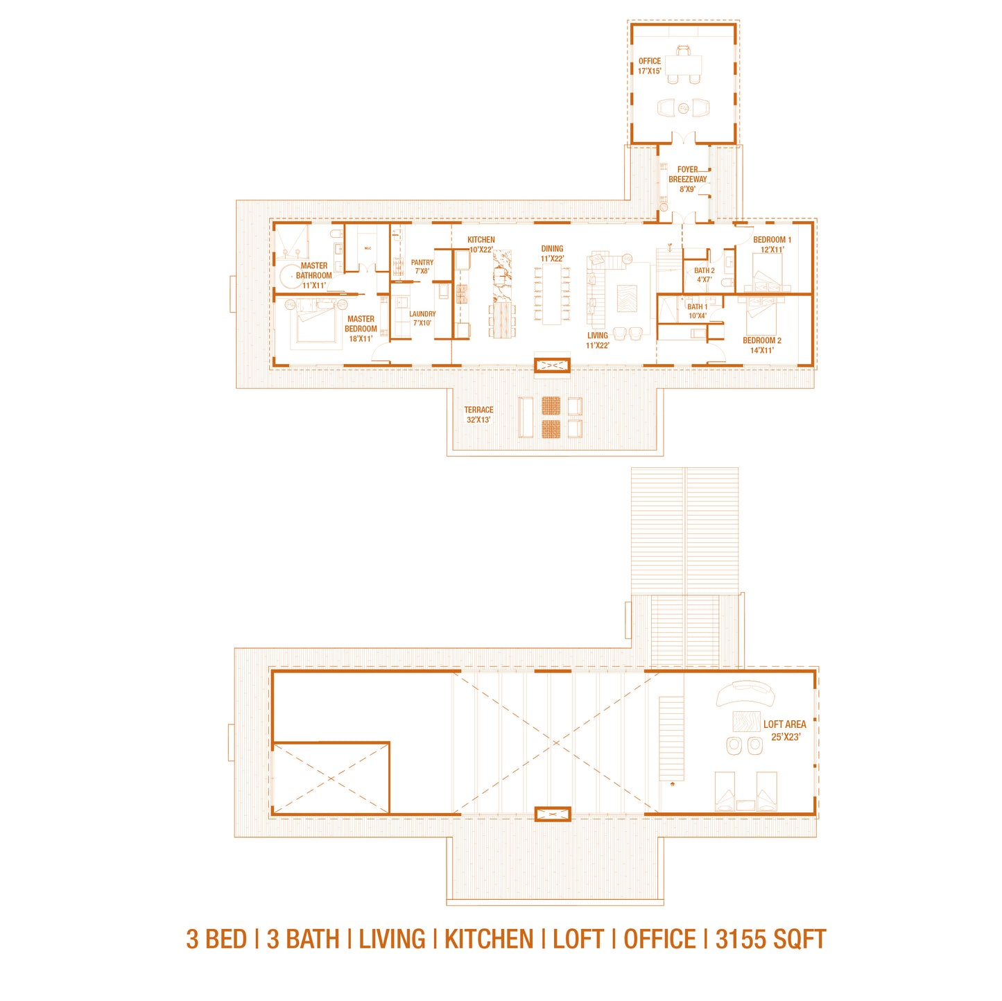 Floor plan layout of the main and loft level from architectural cabin design