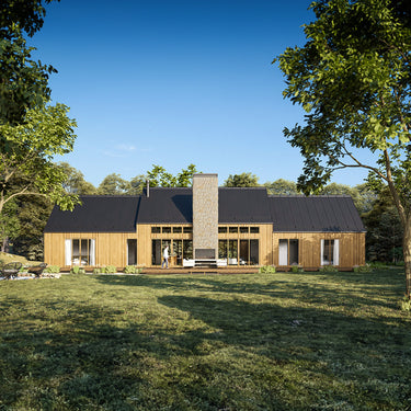 Modern cabin house with wooden exterior and black roof surrounded by trees and greenery