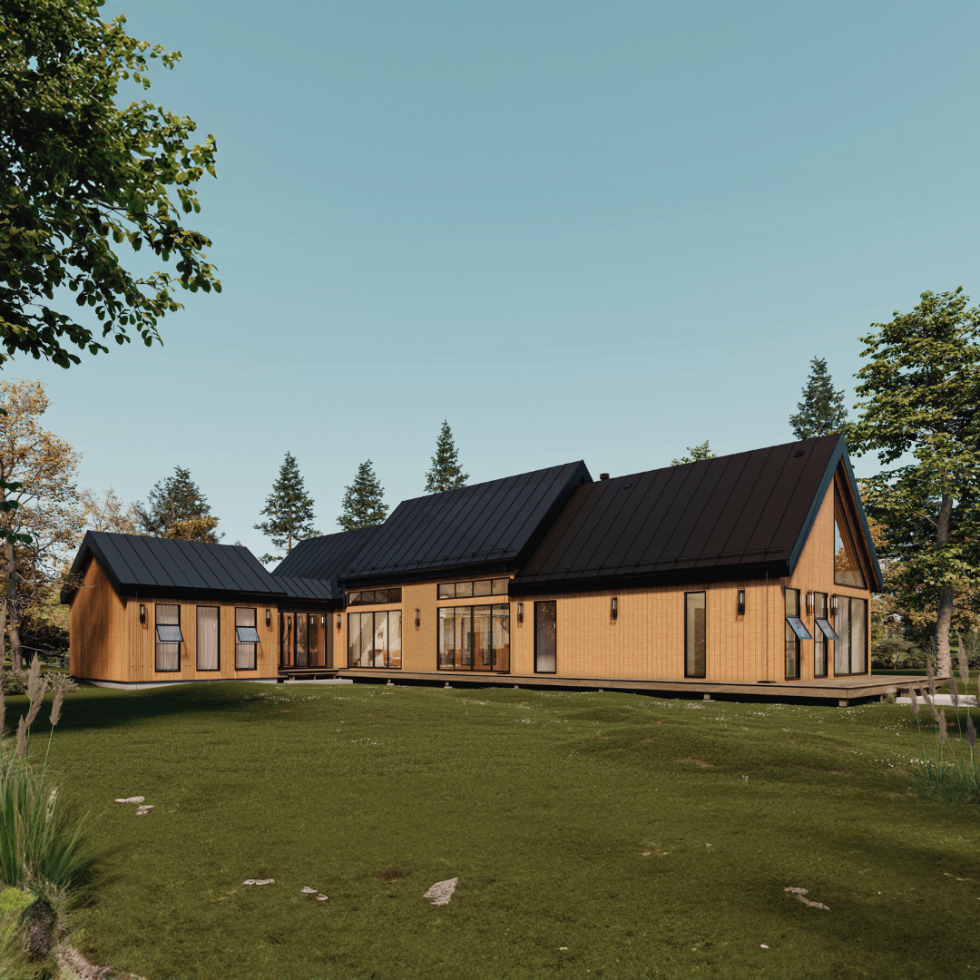 Modern rustic cabin design featuring a sleek black metal roof and warm wooden siding, surrounded by lush greenery and tall trees under a clear blue sky