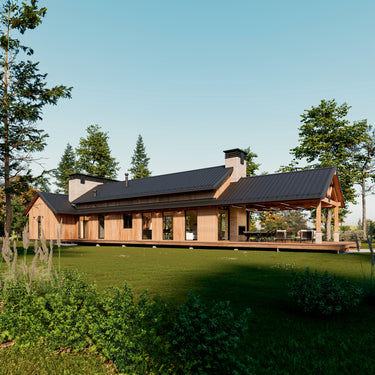 A modern rustic home with a black metal roof, exposed wooden beams, and large glass windows, surrounded by lush greenery. The house features an expansive covered outdoor patio with a dining area, seamlessly blending indoor and outdoor living.