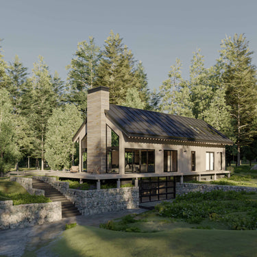 Modern elevated cabin with a black metal gable roof, large windows, and a central stone chimney, surrounded by lush green forest and stone retaining walls, bathed in soft daylight.