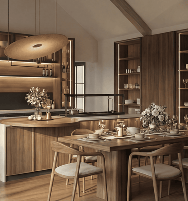 Modern kitchen with wooden dining table and chairs, and open shelving.