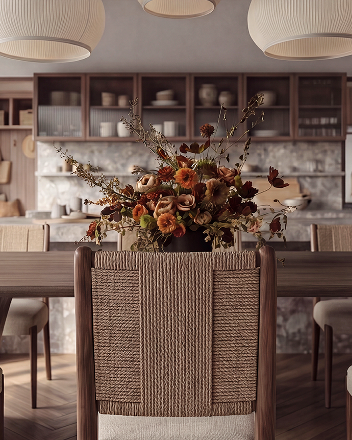 Dining room with a vase of flowers on a table