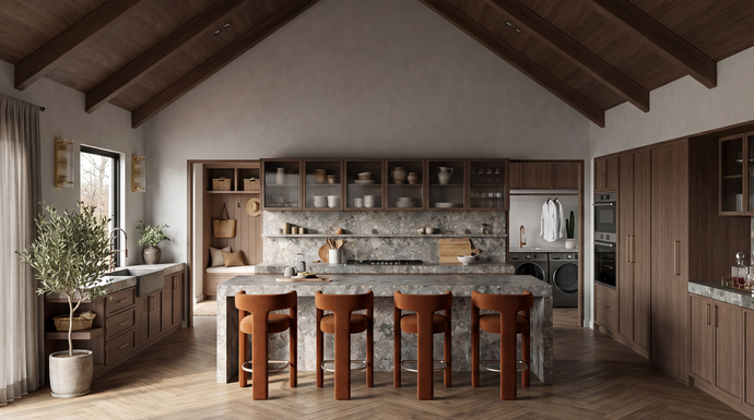 Modern kitchen with wooden cabinets, island, and stools. Modern Mountain Home, THE HUT COMPANY