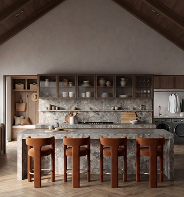 Modern kitchen with wooden cabinets, island, and stools. Modern Mountain Home, THE HUT COMPANY