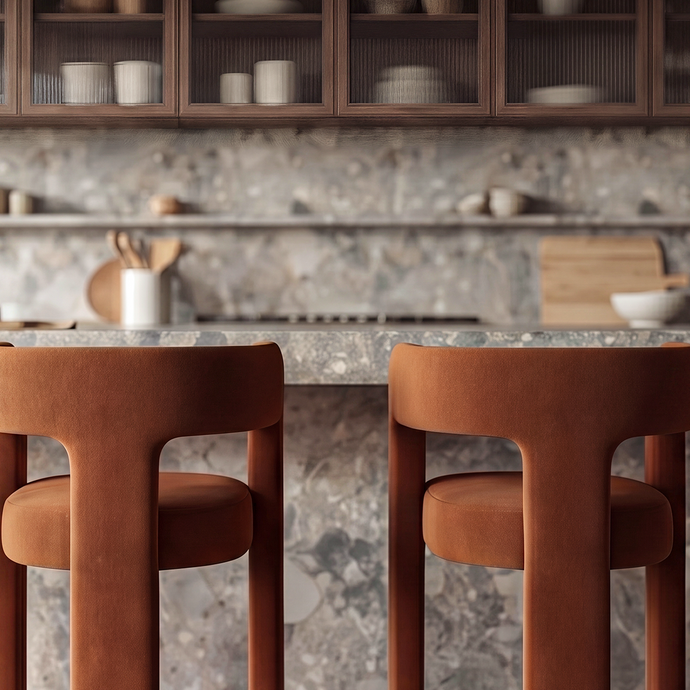 Two brown bar stools in a kitchen setting with shelves and countertops.

The Birch Haven, Custom Homes designs