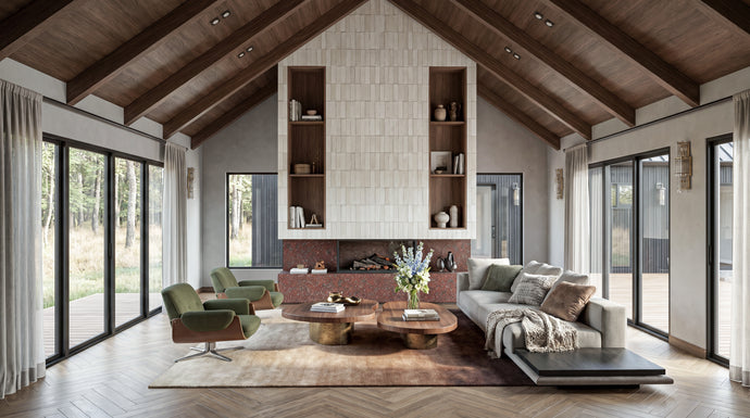 Modern living room with wooden ceiling, large windows, and a fireplace. Modern Mountain Home, THE HUT COMPANY